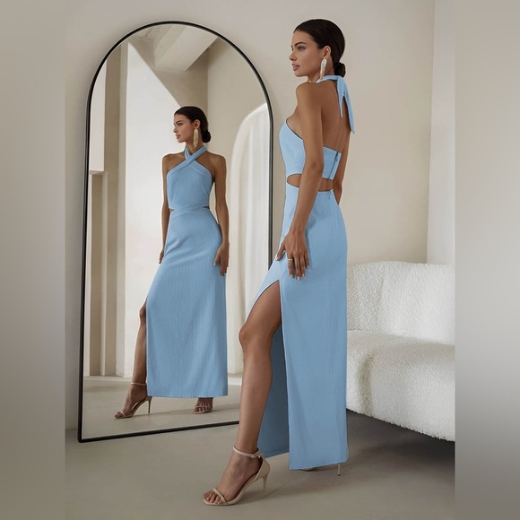 Commense Crisscross Cutout Halter Split Knit Long Dress - Picture 1 of 4